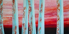 <h5>Gum Tree Giants at sunset</h5><p>Exhibiting at Balmain Art and Craft Show Nov 2014. My abstract take on Australia's beautiful Gum Trees.  Acrylics and inks with iridescent paint that makes the trees glow in different light.  Approx 160cms long on canvas </p>