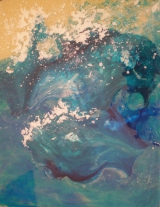 <h5>Sea spray wave</h5><p>Inks blended and dropped into multi-layers of pouring medium with extra colour skins added on a wood panel to create depth and a different effect. Can be placed on a sideboard or wall hung and looks great by a window or lamp as the layers reflect light. 
Colour: all sorts of blue with iridescent pearl and white spray
Size: 15cm x 20cm </p>