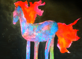 <h5>Horse with orange & pink mane for Ruby</h5><p>SOLD Painting inspired by the very talented artist, Wyanne Thompson, USA.
Inks and water colours on paper
Size: 30cm x 30cm</p>
