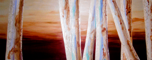 <h5>Gum Trees at sunset</h5><p>SOLD private commission Sydney, Australia.
Mixed media on canvas: Oils, acrylics, inks with iridescent paint to capture light.
Size: 140cm x 75cm</p>