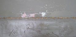 <h5>Shifting Light</h5><p>Part of 2 art works on canvas.  Iridescent paint, gold leaf, glass beads and resin.  Looks great by a window as reflects the light.
Size: 60cm x 30cm</p>